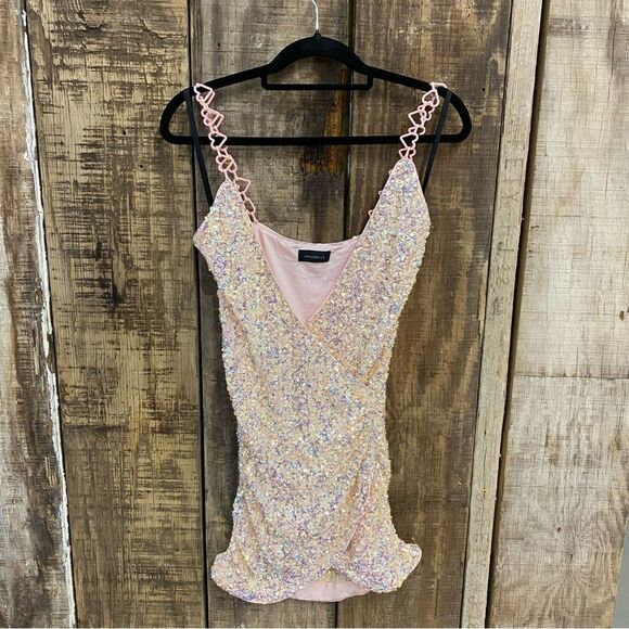 NWT Majorelle Trish Sequin Mini Dress Iridescent pink heart straps Revolve XS - Picture 9 of 15